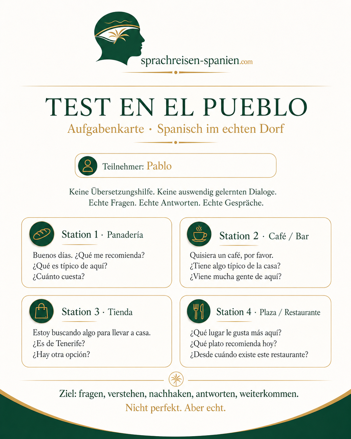 Aufgabenkarte für den Test en el Pueblo auf einem Tisch