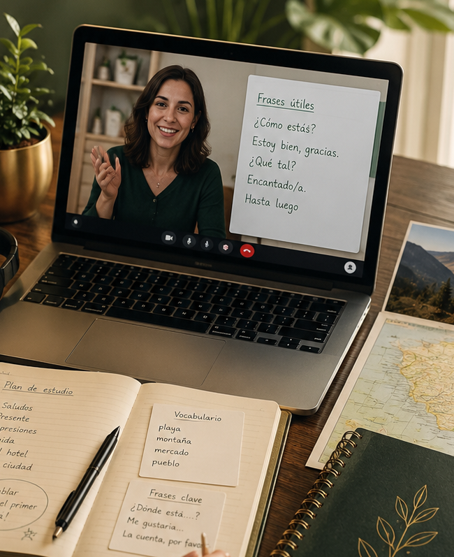 Nachbereitung der Spanischwoche in einer ruhigen persönlichen Online-Coaching-Situation